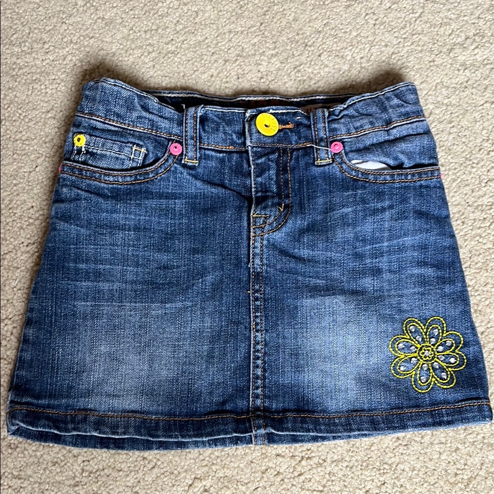 Denim Skort Floral Gem Embroidery Pink Yellow Buttons Adjustable Waistline 6